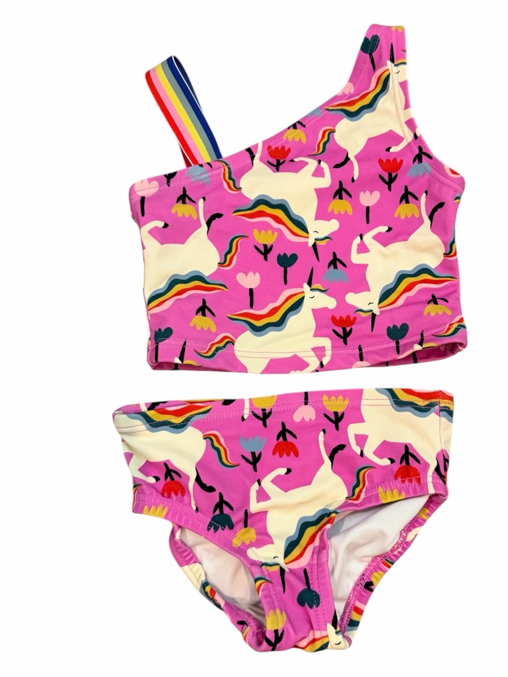 Hanna Andersson Pink Unicorn Rainbow One-Shoulder Bikini